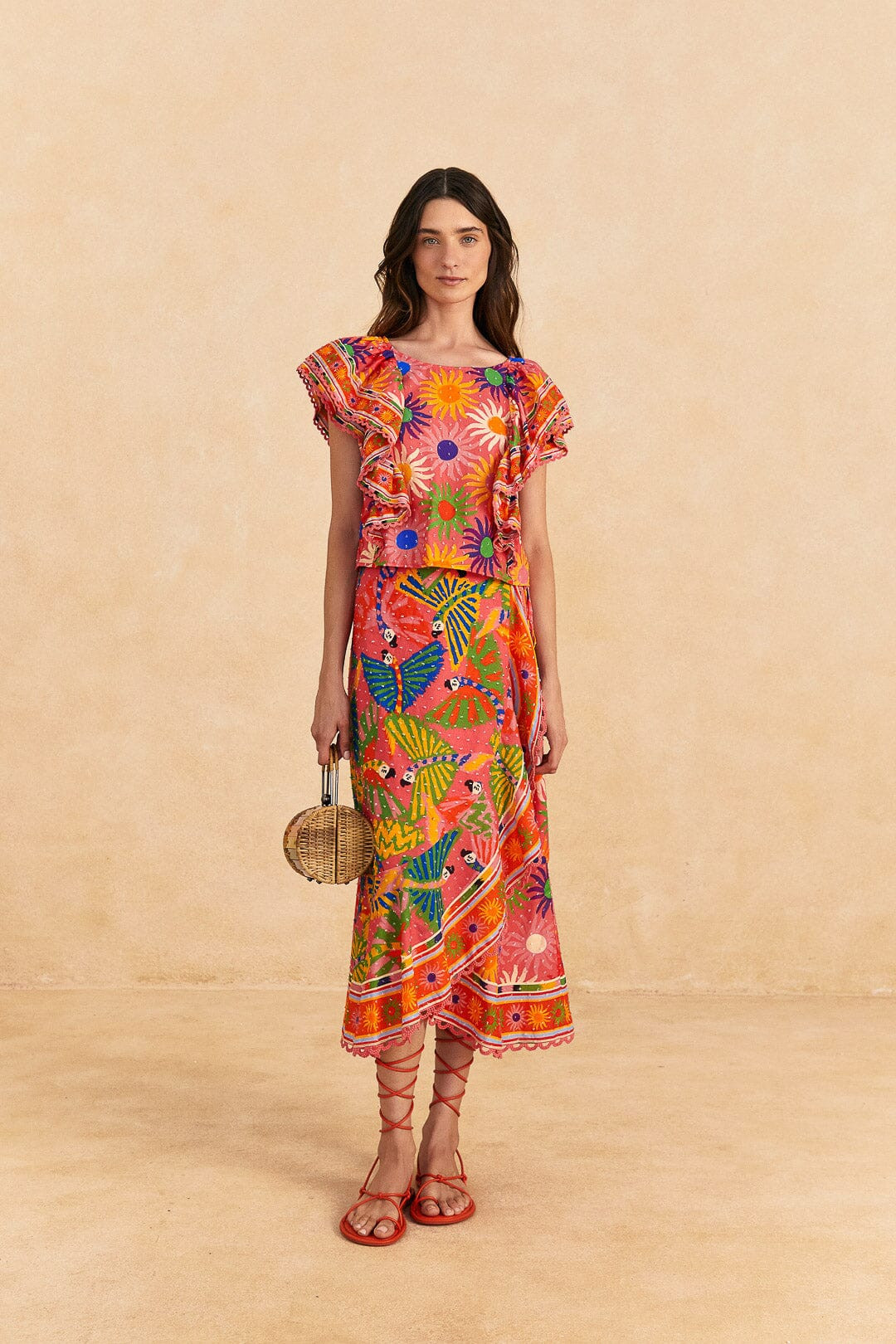 Coral Mixed Graphic Macaws Midi Skirt | FarmRio (US)