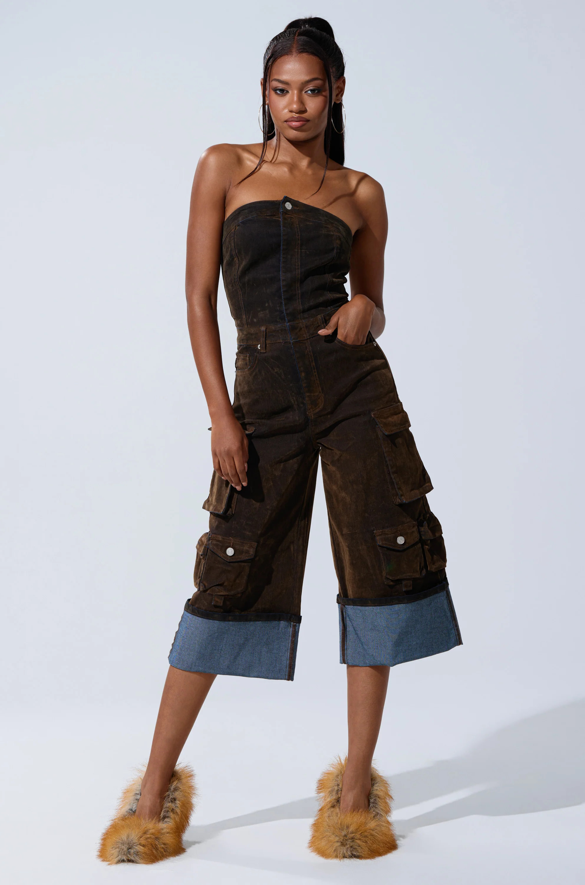AKIRA Alicia Cropped Cargo Jumpsuit | Brown | Size Large | AKIRA