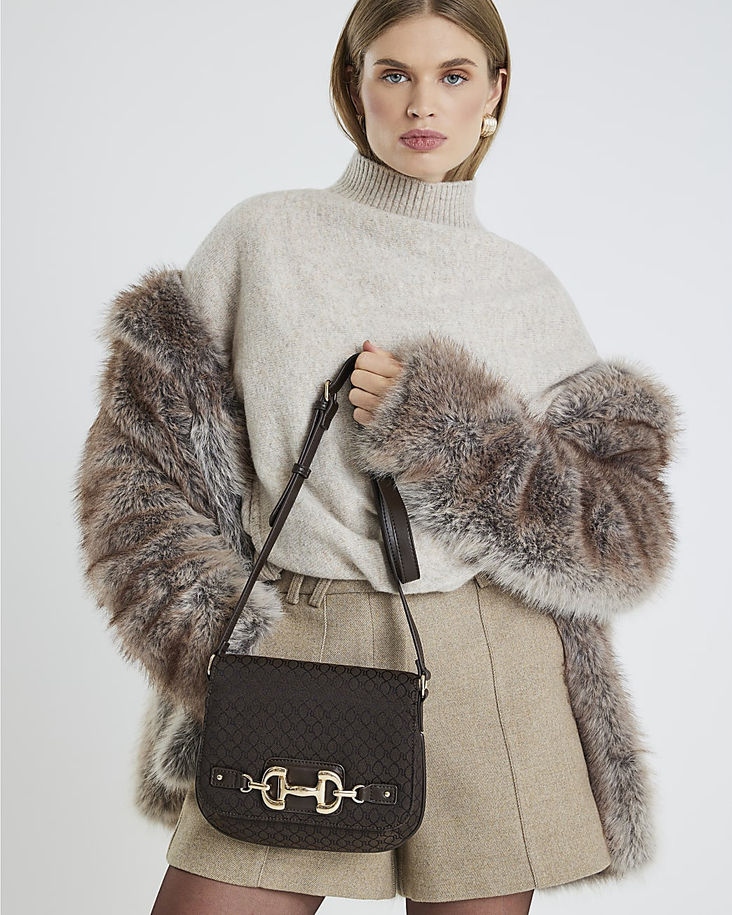 Brown Monogram Snaffle Cross Body Saddle Bag | River Island UK & IE