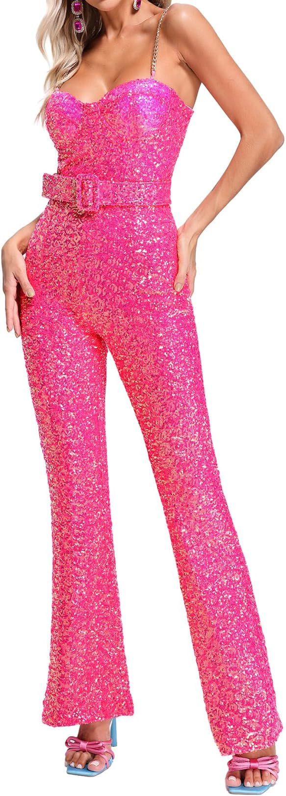 BELLA BARNETT Sequin Jumpsuits For Women Belted Pink Sexy One Piece Jumpsuits For Women | Amazon (US)