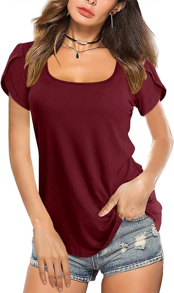 Cyanstyle Womens Tops Square Neck Summer Petal Sleeve Basic Casual Tshirts | Amazon (US)