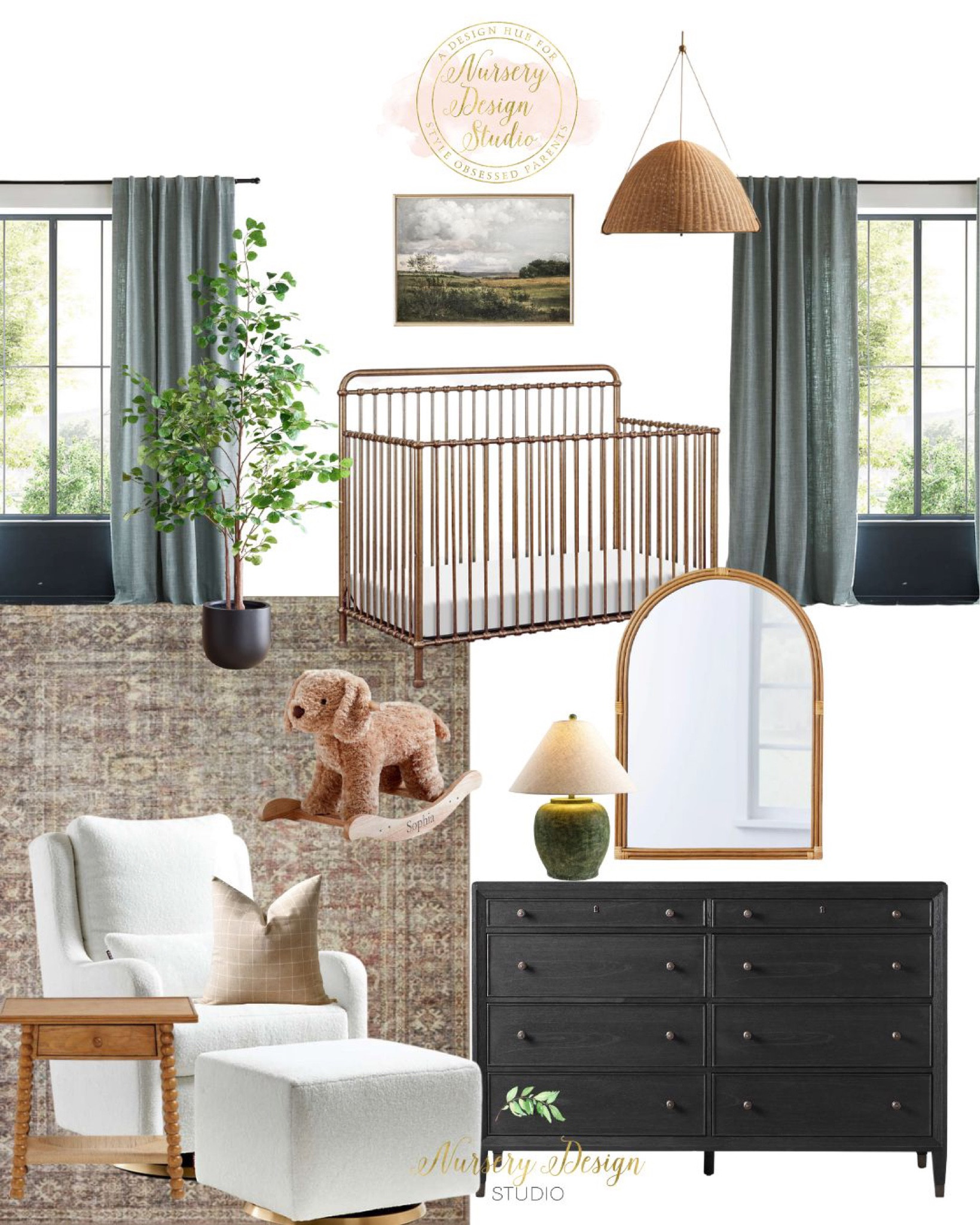 Modern nursery with earth tones, gold from, glider, green curtains, black dresser

#LTKhome #LTKbaby #LTKbump