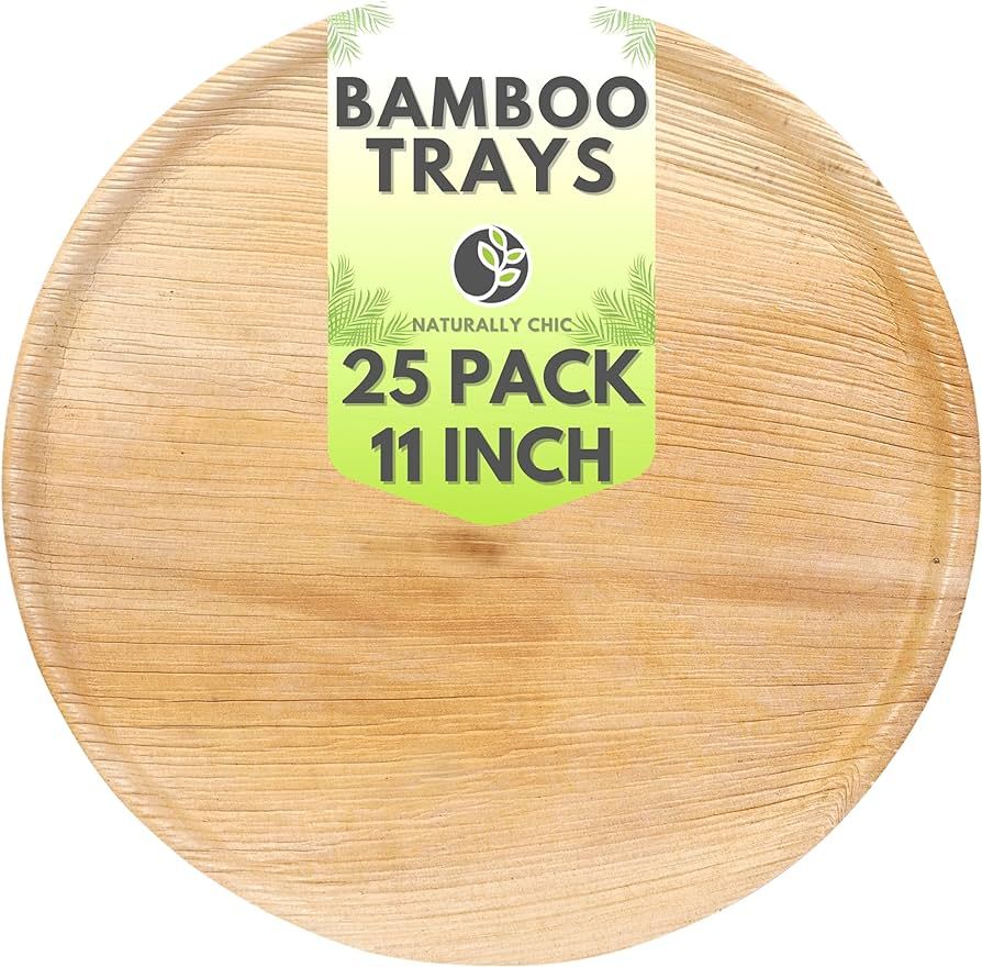 Disposable Palm Leaf Trays 11" Bamboo Serving Platters 25 Pack - Round Compostable Disposable Cha... | Amazon (US)