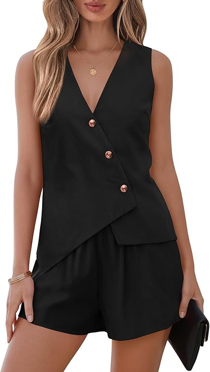 Lazysmile Summer 2 Piece Sets for Women Fashion Matching Set Button Down Suit Vest Tops and Short... | Amazon (US)