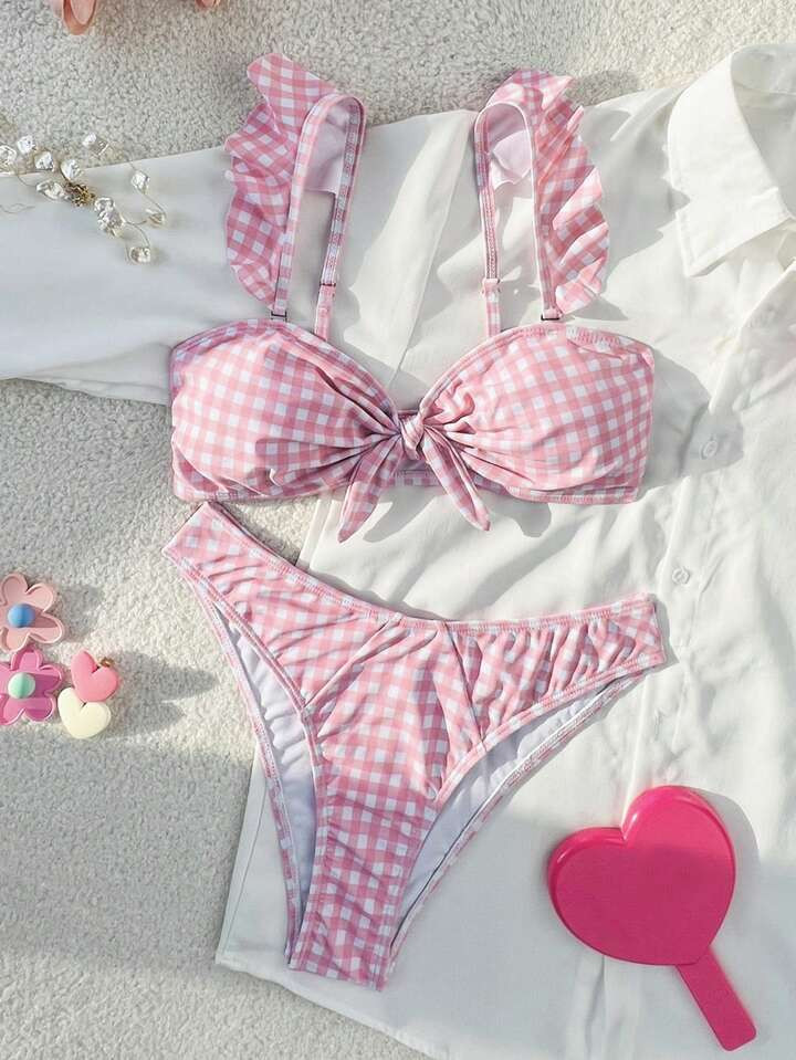 SHEIN Swim 2pcs/Set Women's Spring Break Beach Wear Summer Outfits, New Arrivals - Plaid Pattern Pink Ruffle Shoulder Straps Halter Top & Bottom Swimwear Set | SHEIN