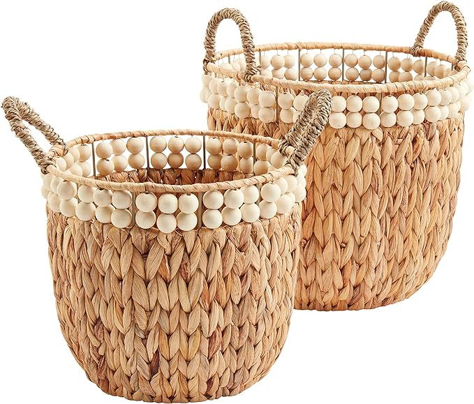Mud Pie Beaded Hyacinth Basket Set, Brown | Amazon (US)