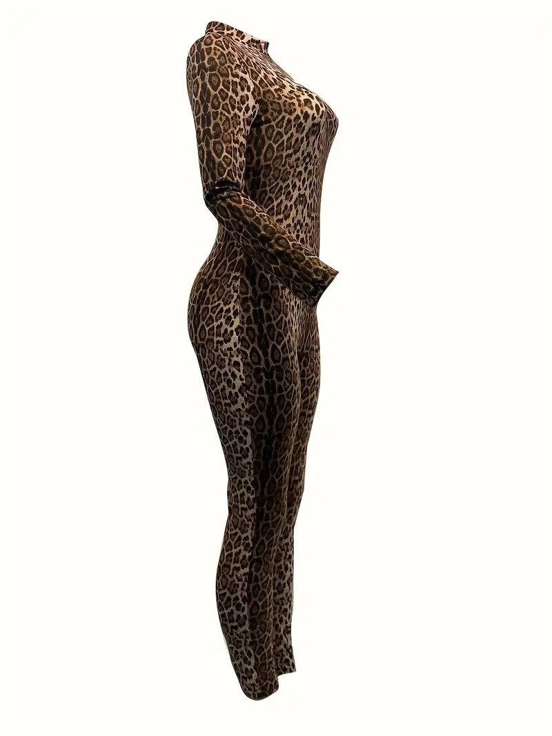 Leopard Print Mock Neck Jumpsuit Elegant Long Sleeve Skinny - Temu | Temu Affiliate Program