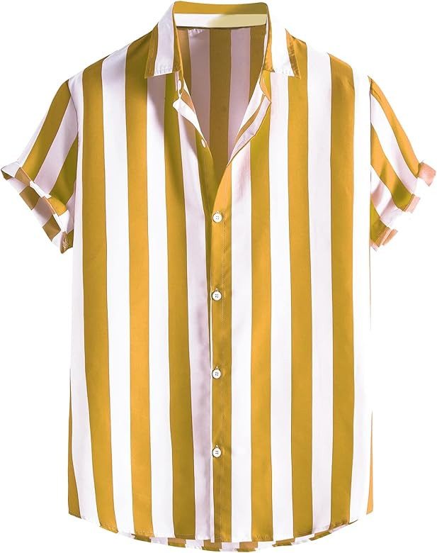 Romwe Men's Striped Short Sleeve Regular Fit Poplin Button Down Shirts | Amazon (US)