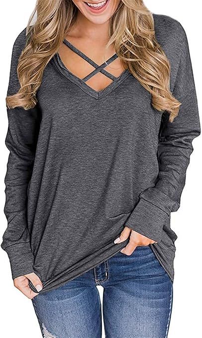Unidear Women's Casual Puff Long Sleeve V Neck Criss Cross Tunic Pullover Tops with Banded Hem | Amazon (US)
