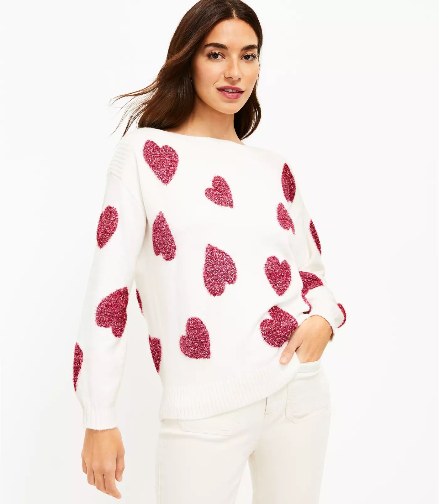 Shimmer Heart Boatneck Sweater | LOFT
