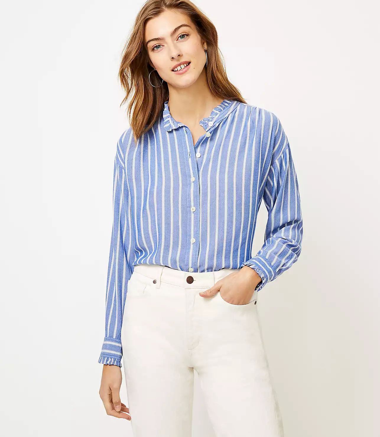 Striped Ruffle Trim Shirt | LOFT