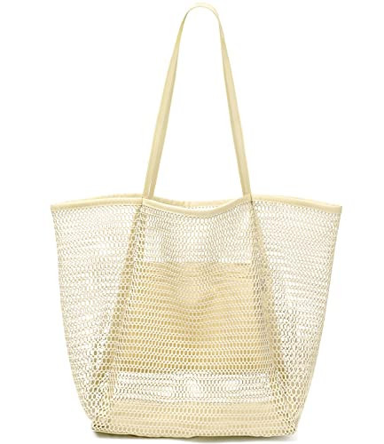 hatisan Beach Bag Mesh Tote Bag,Upgrade Beach Tote with Phone Pouch Women Mesh Bag Shoulder Bag for Beach Travel Vacation (Beige) | Amazon (US)