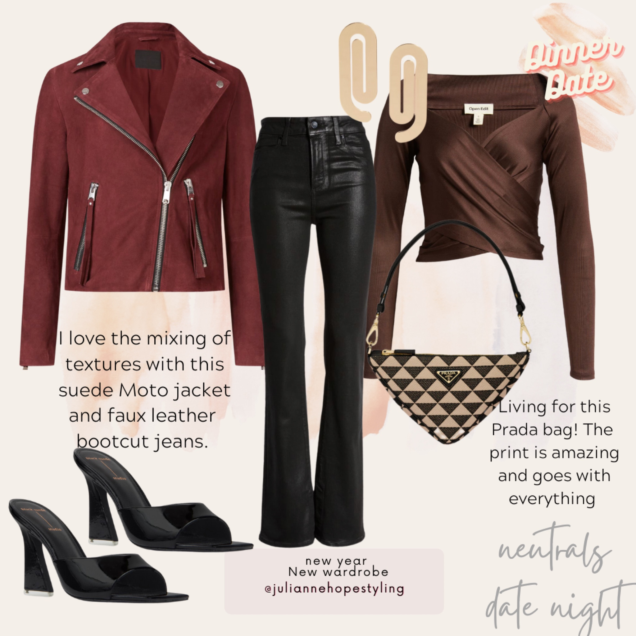 Date night, Prada bag, black heels, leather jeans 