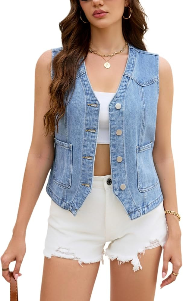 Women Denim Vest Sleeveless V Neck Button Down Jean Waistcoat Summer Casual Denim Tank Top with P... | Amazon (US)