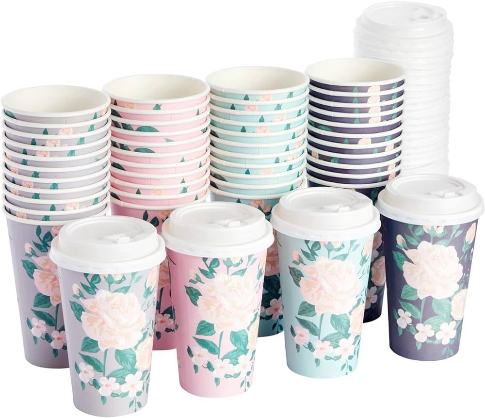 48-Pack Disposable Floral Paper Coffee Cups with Lids 16 oz , To Go Coffee Cups for Flower-Themed... | Amazon (US)
