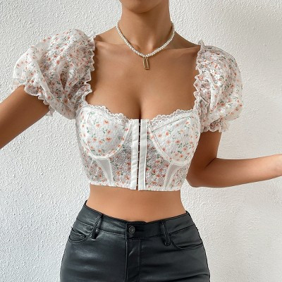 Women Puff Sleeve Floral Print Tops Button Placket Open Front Tunic Tops White S | Target