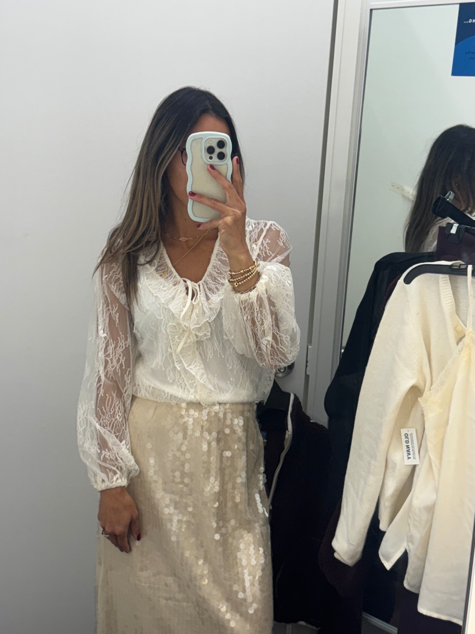 The dreamiest holiday look ✨ 

A sheer lace blouse with ruffle detailing paired with a champagne sequin midi skirt — feminine, festive, and so elegant for Christmas parties, NYE, or winter events
.
Soft, neutral tones that still sparkle, perfect for anyone who loves a chic + timeless holiday vibe

Old navy | chic | simple | holiday | sequins | sparkle | lace | champagne | beige | neutral | sale | affordable | discount | 

#LTKootd #LTKFindsUnder50 #LTKHoliday