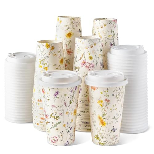 Amazon.com: Nihuecne 50 Pack 16 oz Floral Disposable Paper Coffee Cups with Snap-on Lids, To Go C... | Amazon (US)