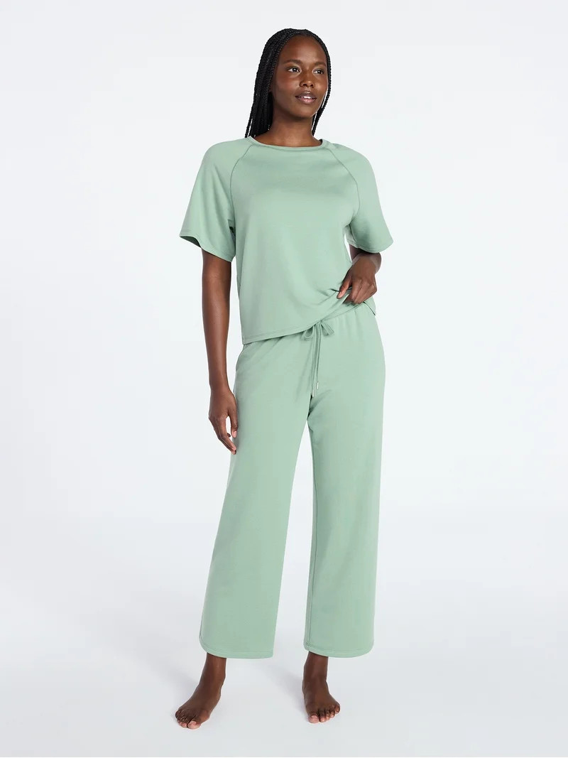 Joyspun Women's French Terry Lounge Sleep Short Sleeve Top and Capri Pants Set, 2-Piece, Sizes XS... | Walmart (US)