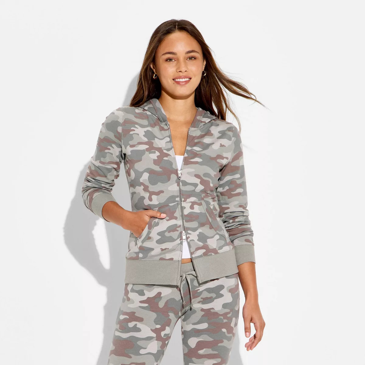 Women's Long & Lean Zip Hoodie - Wild Fable\u2122 with Olivia Dayton Camo M | Target