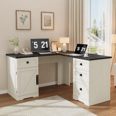COZONY 60" White L Shaped Executive Desk, Farmhouse Home Office Corner Computer Desk with File Drawers & Storage Cabinet | Target