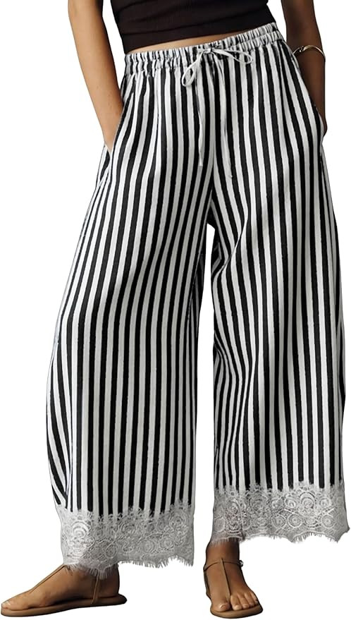 MINSURE Women's Striped Wide Leg Pants Drawstring Waist Lace Hem Cropped Trousers Casual Flowy Su... | Amazon (US)
