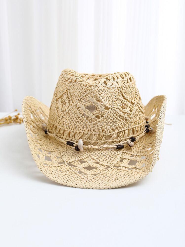 Bead Decor Hollow Out Beach Straw Hat | SHEIN