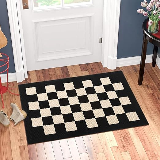 BOVEU Indoor Door Mat Front Door Mat, 20"x 32" Checkered Geometric Doormat Black Indoor Rugs, Thi... | Amazon (US)