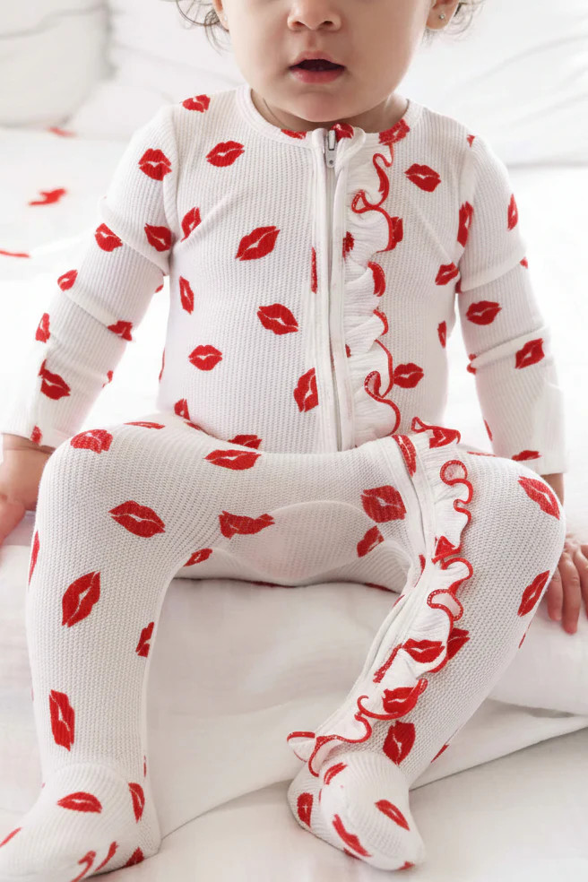 Little Kisses Bamboo Waffle Ruffle Zipper Footie | Caden Lane