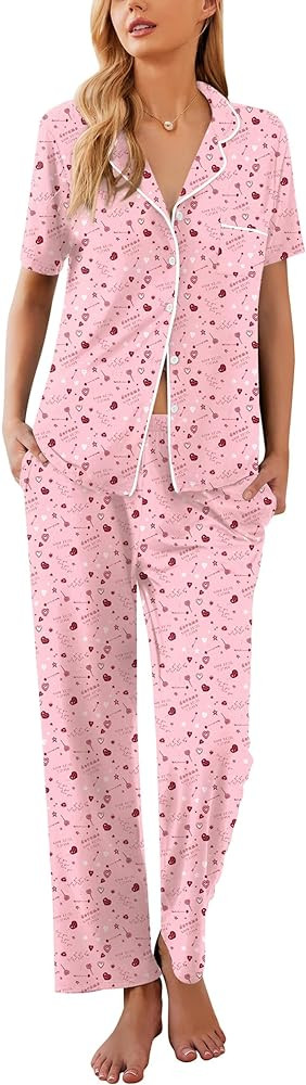 Ekouaer Women Pajamas Set Button Down Sleepwear Short Sleeve Nightwear with Long Pants Soft Pjs S... | Amazon (US)