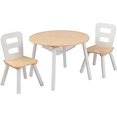 KidKraft Wooden Round Table & 2 Chair Set with Center Mesh Storage - Natural & White, Gift for Ag... | Amazon (US)