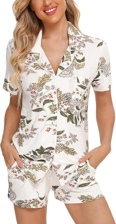 Pjmlifecoco Women's Modal Pajama Set Short Sleeve Button Down Two Piece Soft Sleepwear with Short... | Amazon (US)
