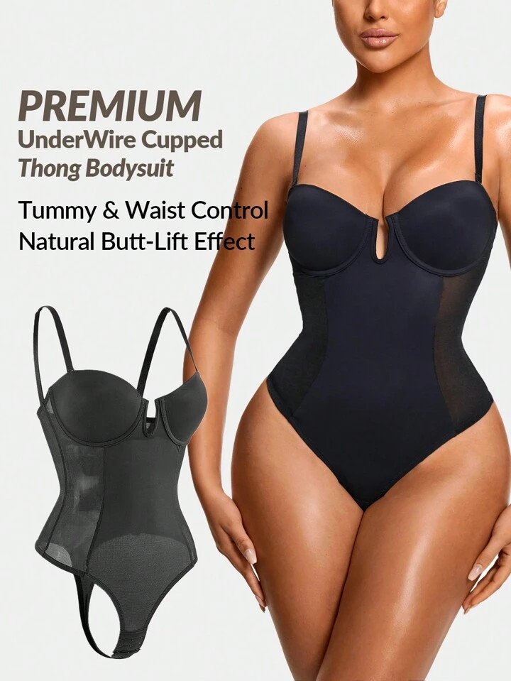 SHEIN Shape Shaping UnderWire Cupped Thong Bodysuit Shapewear Bodysuit Body Shaper Bust&Butt Lift... | SHEIN