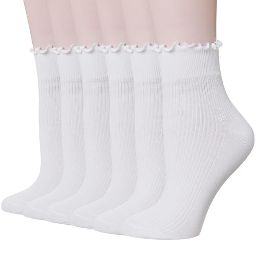 Velice Women Ruffle Ankle Cute Turn-Cuff Socks - Soft Knit Cotton Lettuce Frilly Socks for Women Girls (6 Pairs White) | Amazon (US)