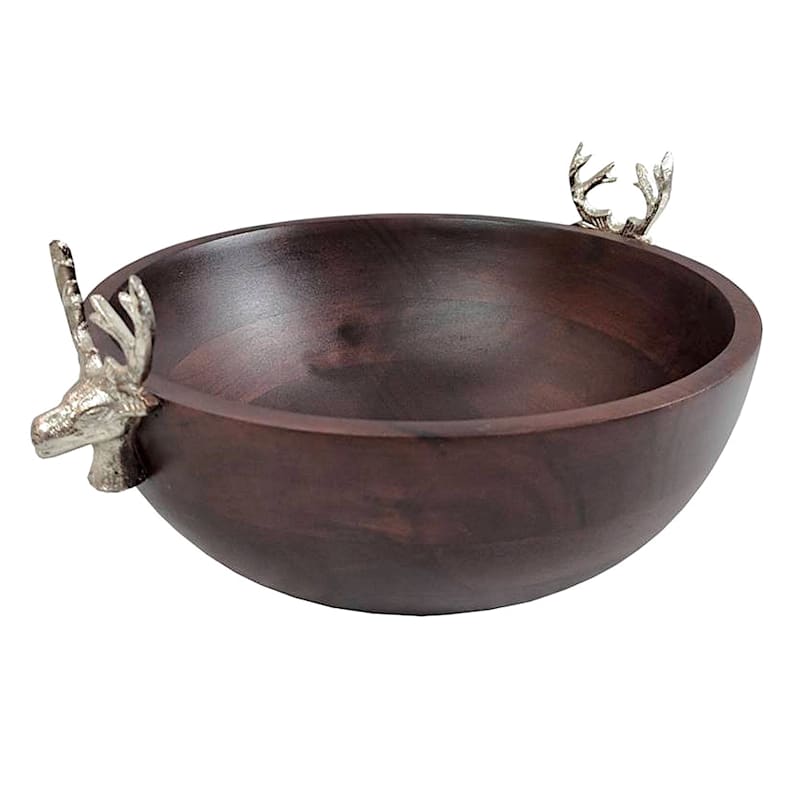 Providence Blue Wooden Serving Bowl with Reindeer Handles, 10" | At Home