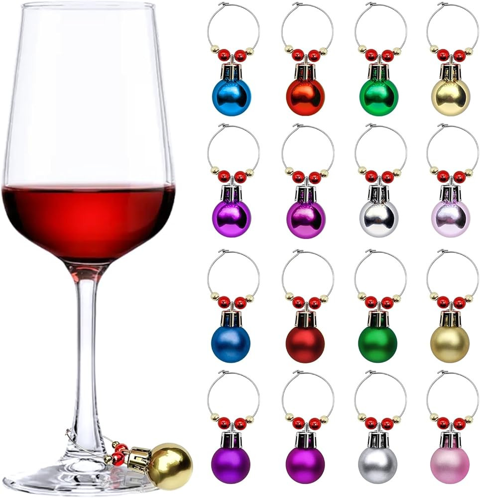 16 Pcs Wine Glass Charms Christmas Ball Wine Glass Markers Drink Tags Rings for Stem Glasses, Win... | Amazon (US)