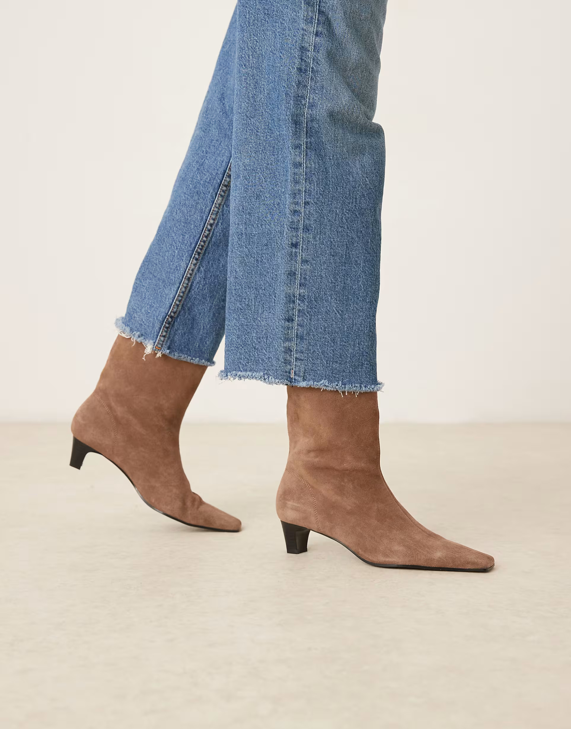 Mango suede square toe low heeled boot in mocha | ASOS (Global)