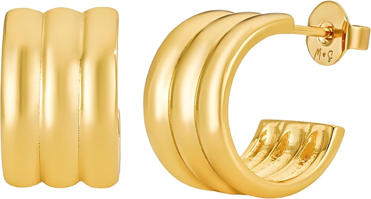 Triple Gold Hoop Earrings – 18K Gold Plated Chunky Huggie Earrings for Women, Lightweight, Hypo... | Amazon (US)