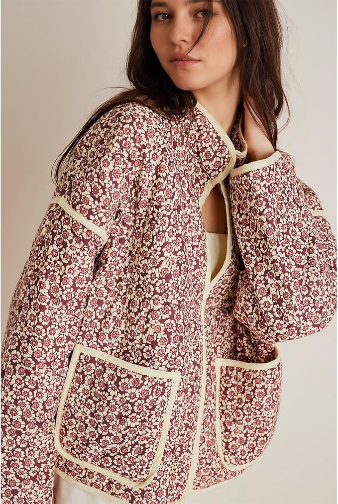 Duyang Women's Cropped Puffer Jacket Lightweight Floral Printed Open Front Quilted Coat Winter Wa... | Amazon (US)