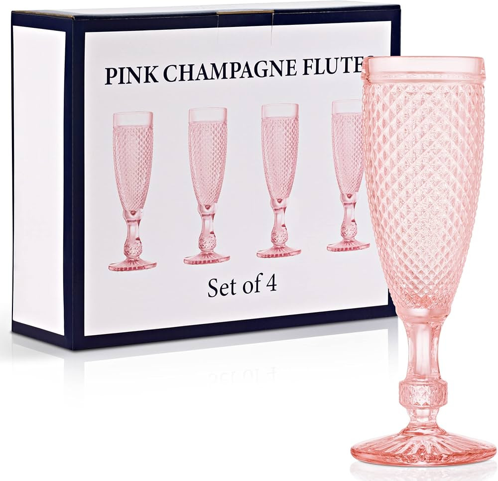 Yungala Pink Champagne Glasses set of 4 pink flutes - pink glassware for wedding, bridesmaids -Ma... | Amazon (US)