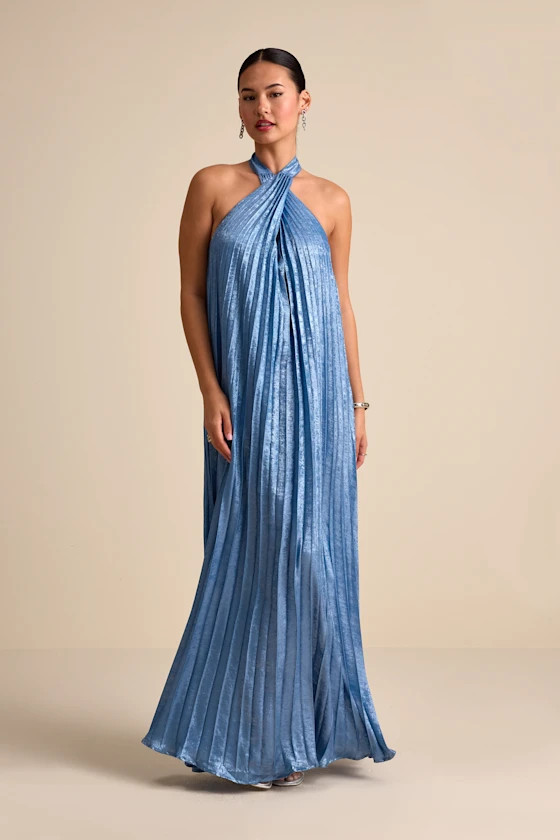 Gelsey Dusty Blue Pleated Halter Shift Maxi Dress | Lulus