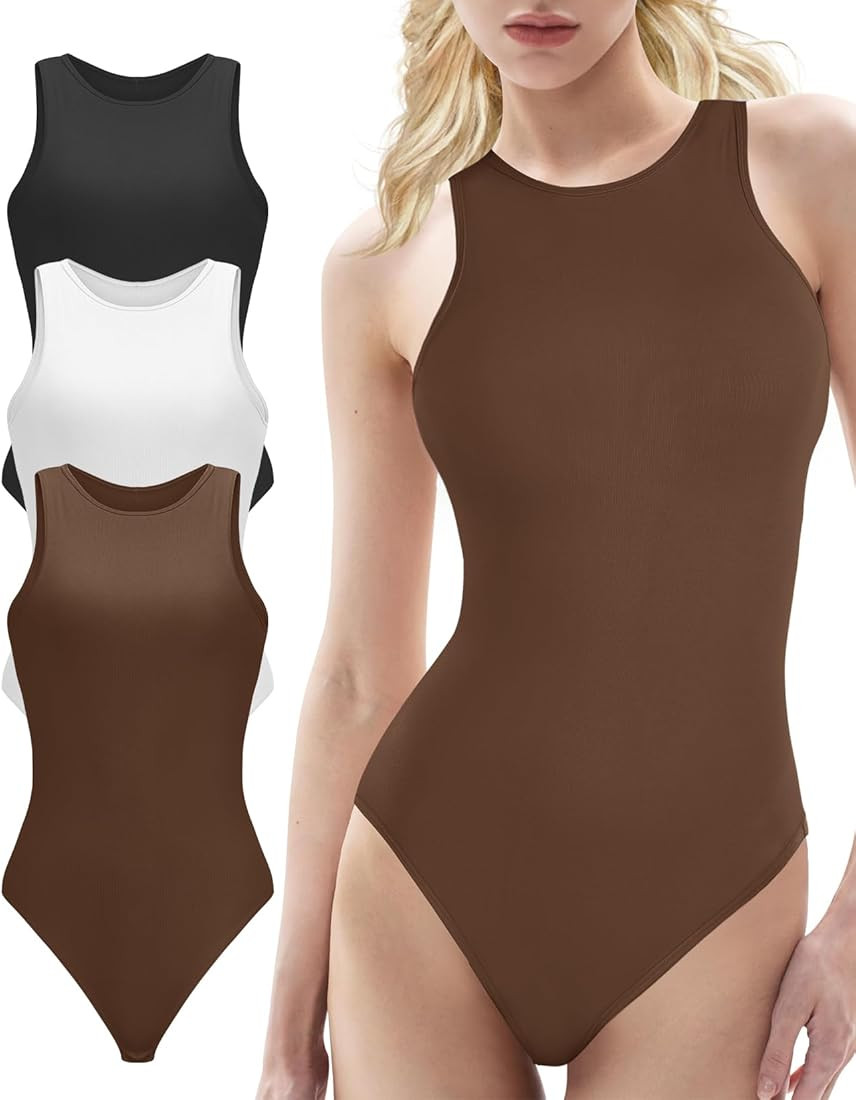 KIKIMINK Women's 3 Piece Halter Neck Bodysuit Sexy Ribbed Sleeveless Tank Tops Bodysuits Jumpsuit | Amazon (US)