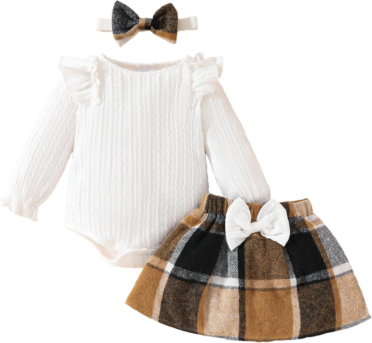 Baby Girl Fall Outfits Newborn Long Sleeve Knit Ribbed Romper Plaid Skirt Set Winter Clothes Dres... | Amazon (US)