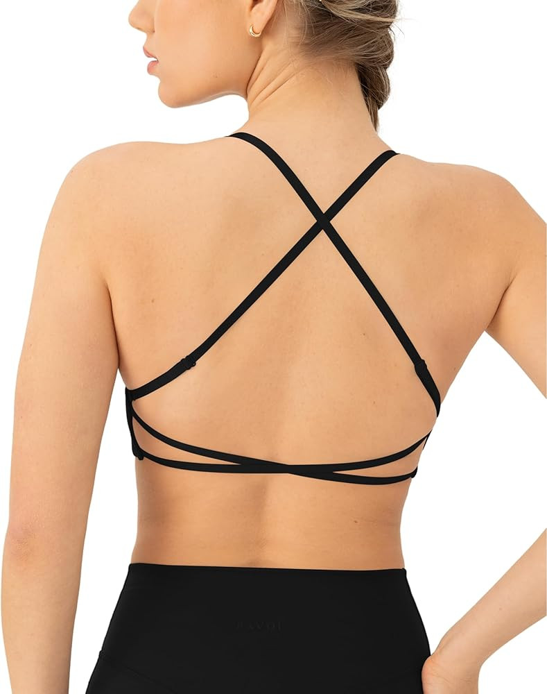 Open Back Strappy Yoga Workout Bras for Women - Low Support Criss-Cross Sports Gym Bra Removable ... | Amazon (US)