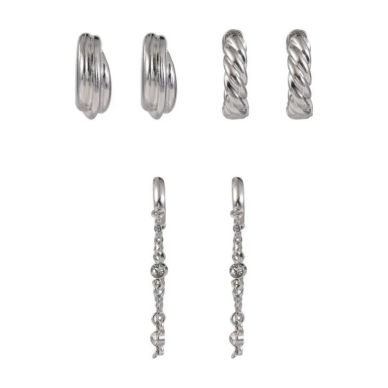 Time and Tru Adult Female Silver-Tone Crystal Stone Cable Chain Dangle and Textured Hoop Multi St... | Walmart (US)