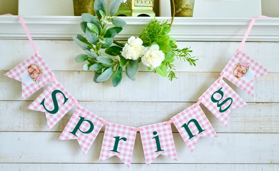 Spring Banner Spring Garland Pink Gingham Spring Sign | Etsy | Etsy (US)