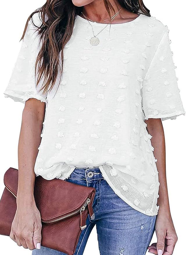 HOTAPEI Womens Chiffon Shirts Summer Casual Crewneck Short Sleeve Pom Pom Tops | Amazon (US)
