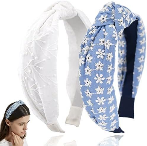 Amazon.com : BEGOOD White Knotted Headbands for Women Embroidery Top Knot Headband White Knot Hea... | Amazon (US)