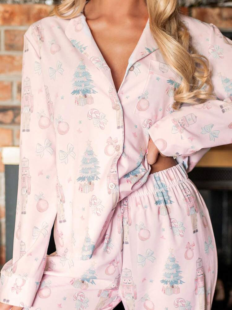 Women Christmas Pajamas Lounge Set Santa Christmas Tree Print Long Sleeve Tops And Pants 2 Piece Loungewear Outfits | SHEIN