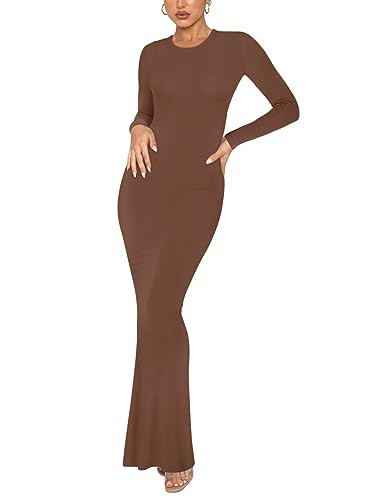 REORIA Women's Sexy Crew Neck Lounge Long Dress Elegant Long Sleeve Ribbed Bodycon Maxi Dresses | Amazon (US)